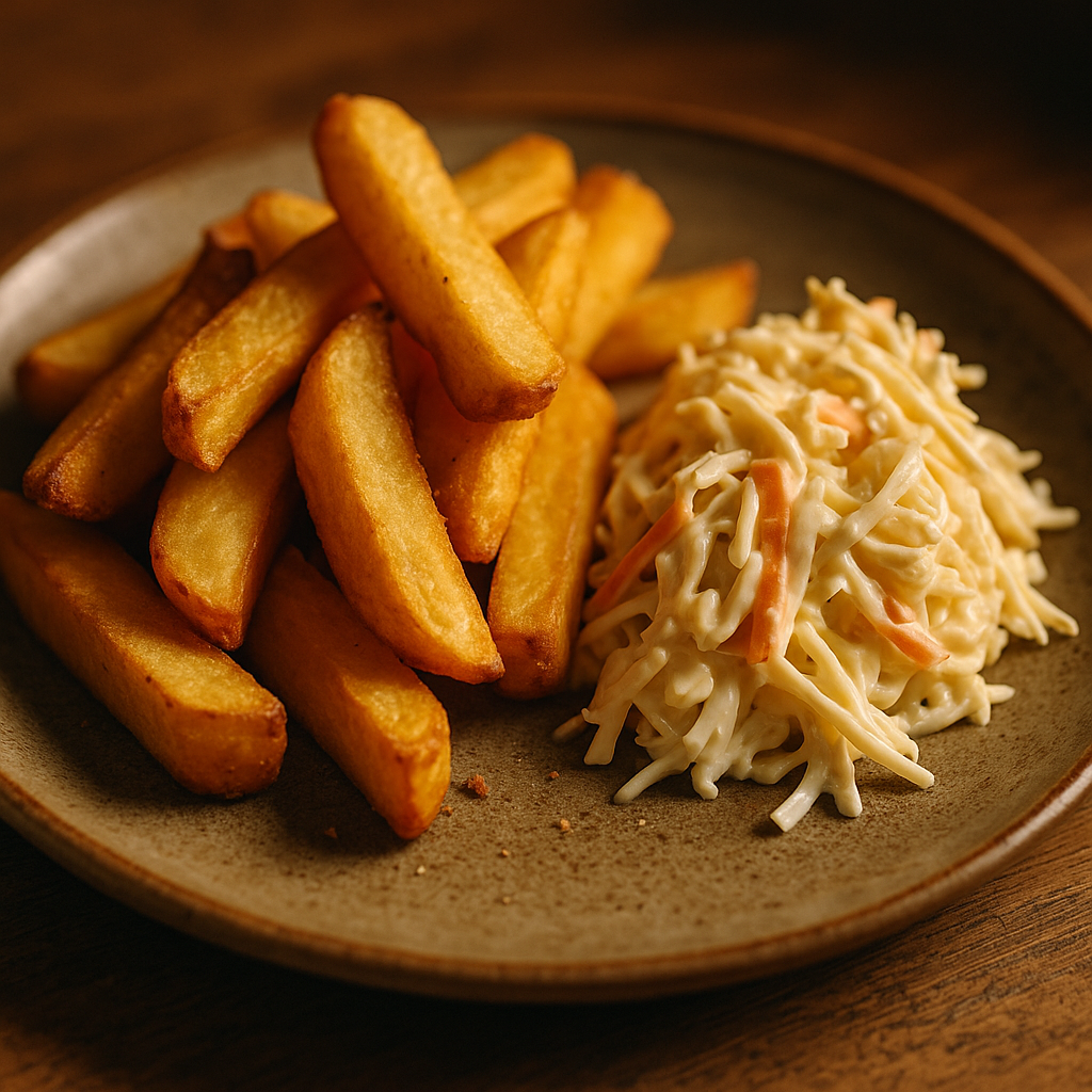 homemade, thick-cut chips and creamy slaw