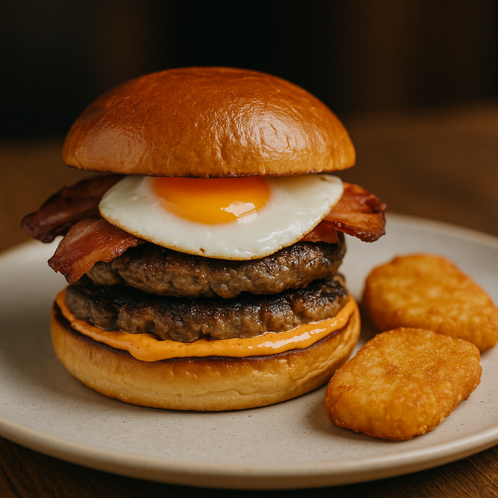 Brunch burger with eggs and hash browns